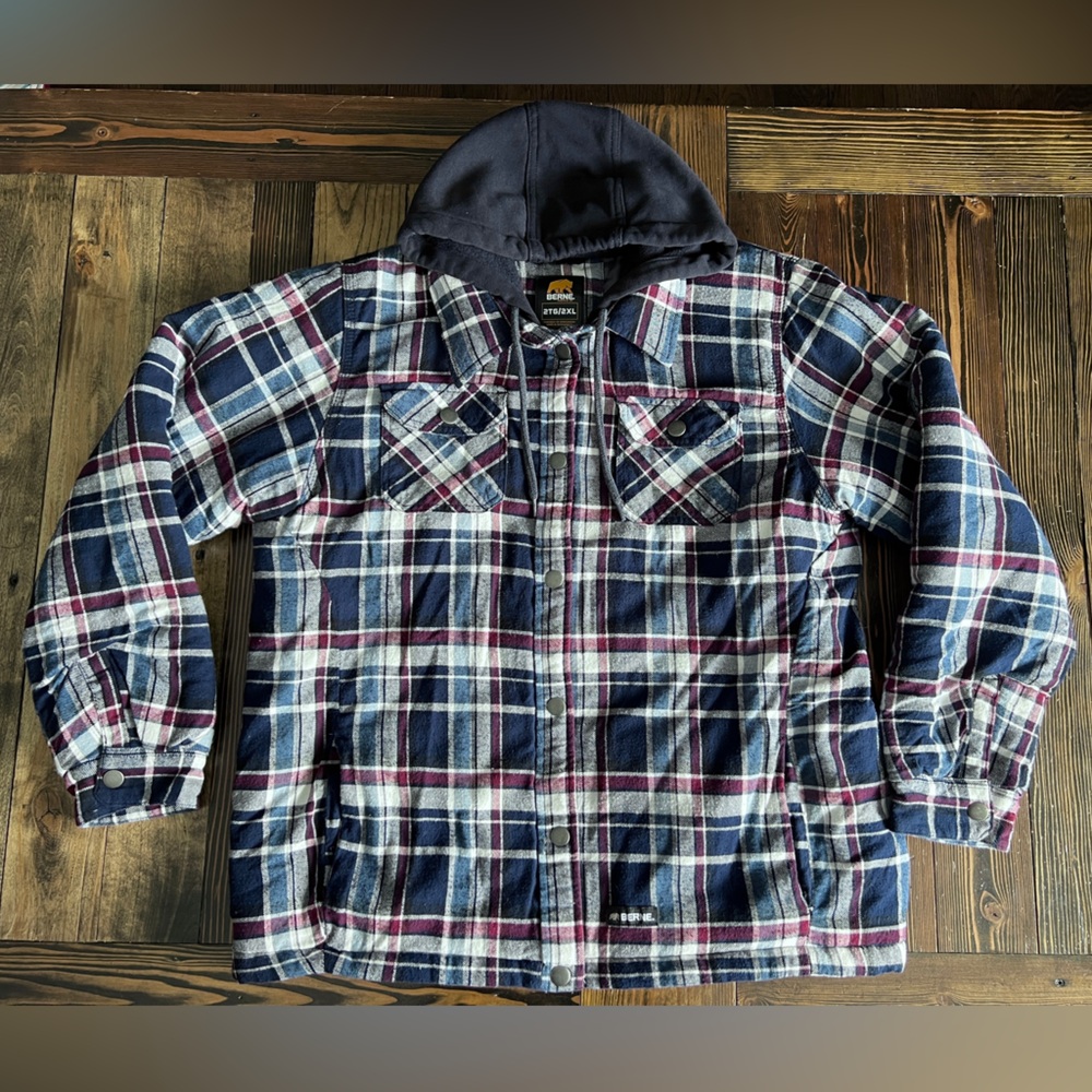 BERNE • Women’s Heartland Hooded Shirt Jacket quilted insulated blue plaid 2XL